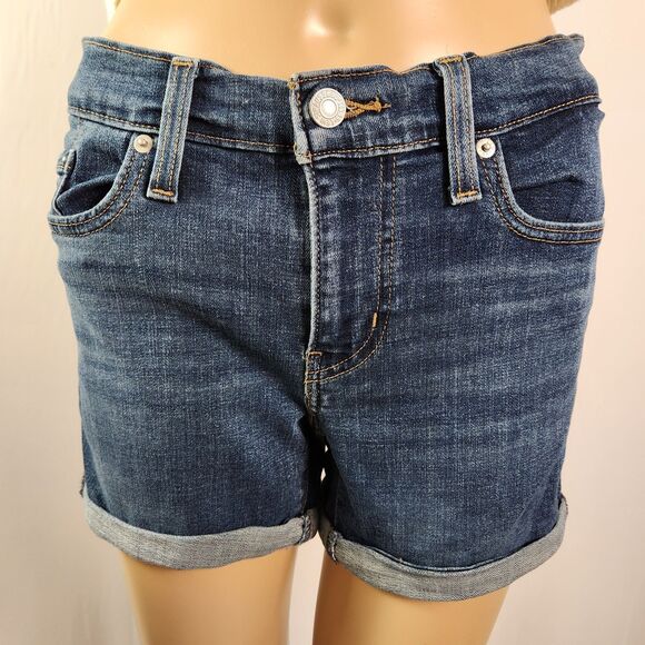 Levi's Women's Mid Length Medium Wash Cuffed Stretch Denim Shorts Size 26 - Picture 1 of 8